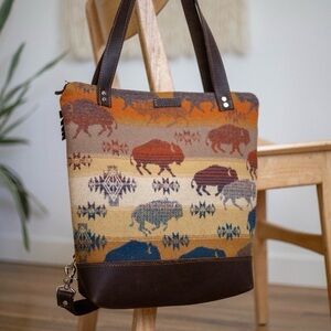 Mercy Grey Designs Co. Pendleton Buffalo Pattern Tote Bag with Leather Trim